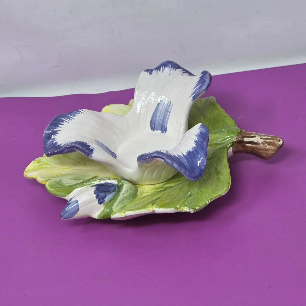 Handcrafted Libbye Studio Ceramic Morning Glory Votive Candle Holder Green &Blue